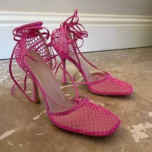 Pink fishnet wrap heels